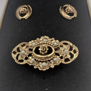 Jewelry set of Earrings and Brooch Antique Gold tone with Faux Pearls Accents